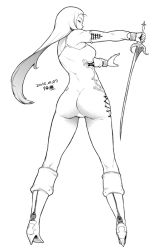 Rule 34 | 1girl, 2015, ass, bodysuit, boots, breasts, dated, detached sleeves, from behind, full body, greyscale, high heel boots, high heels, knee boots, long hair, long legs, looking back, monochrome, rapier, skin tight, solo, sword, tsukudani (coke-buta), weapon