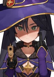 Rule 34 | 1girl, aiming, aiming at viewer, black choker, black gloves, black hair, breasts, capelet, choker, closed mouth, collarbone, commentary, flasso, fur-trimmed capelet, fur trim, genshin impact, gloves, gun, hair between eyes, handgun, hat, hat ornament, highres, holding, holding gun, holding weapon, middle finger, mona (genshin impact), purple capelet, purple hat, simple background, small breasts, solo, twintails, upper body, weapon, white background, witch hat