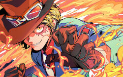 Rule 34 | 1boy, artist name, blonde hair, clenched hand, commentary, english commentary, fire, gloves, goggles, goggles on headwear, hat, hat over one eye, highres, looking at viewer, male focus, mygiorni, necktie, one eye covered, one piece, one piece: stampede, sabo (one piece), scar, scar across eye, scar on face, short hair, smile, solo, teeth, top hat, white necktie, yellow eyes