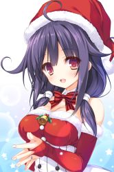 Rule 34 | 10s, 1girl, ahoge, bare shoulders, bell, blush, breasts, bridal gauntlets, christmas, cleavage, hat, jewelry, kantai collection, large breasts, long hair, looking at viewer, md5 mismatch, mikagami mamizu, nail polish, pink eyes, purple hair, resolution mismatch, ring, santa costume, santa hat, solo, source larger, star (symbol), taigei (kancolle)