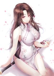 Rule 34 | 1girl, absurdres, bare arms, bare shoulders, brown hair, china dress, chinese clothes, dress, floral print, ggatip, highres, long hair, looking at viewer, original, pelvic curtain, petals, print dress, red eyes, simple background, sitting, sleeveless, sleeveless dress, solo, sword, thighs, weapon, white background, white dress