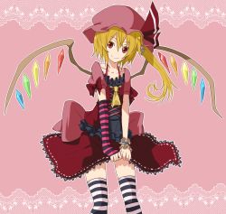 Rule 34 | 1girl, alternate costume, arm warmers, bad id, bad pixiv id, blonde hair, bow, female focus, flandre scarlet, frills, hat, red eyes, ribbon, shiroshi (denpa eshidan), side ponytail, smile, solo, striped clothes, striped thighhighs, thighhighs, touhou, wings