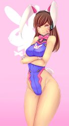 Rule 34 | 1girl, animal ears, bare shoulders, blush, bow, bowtie, bracer, breasts, brown eyes, brown hair, closed mouth, covered navel, cowboy shot, crossed arms, d.va (overwatch), eyebrows, facepaint, facial mark, fake animal ears, gloves, groin, high collar, highleg, highleg leotard, highres, legs, leotard, lips, long hair, medium breasts, moeroknight, overwatch, overwatch 1, pink background, pink bow, pink bowtie, pink lips, playboy bunny, purple leotard, rabbit ears, rabbit tail, ribbed leotard, simple background, sleeveless, solo, standing, tail, thighs, turtleneck, whisker markings, white gloves