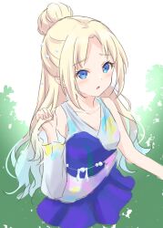 Rule 34 | 1girl, blonde hair, blue dress, blue eyes, blue hair, breasts, collarbone, detached sleeves, dress, earrings, gradient hair, green background, hair bun, hair ornament, half updo, highres, holding, holding hair, jewelry, light blue hair, link! like! love live!, long hair, long sleeves, love live!, medium breasts, multicolored clothes, multicolored dress, multicolored hair, official alternate costume, official alternate hairstyle, osawa rurino, pointy ears, single detached sleeve, single hair bun, sleeveless, sleeveless dress, solo, tsubasa la liberte (love live!), virtual youtuber, white background, white dress, yutuki ame