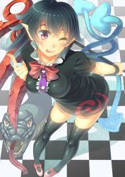 Rule 34 | 1girl, :q, ;q, asymmetrical wings, bad id, bad pixiv id, black dress, black hair, black thighhighs, breasts, buttons, checkered floor, dress, fangs, female focus, floor, holding, houjuu nue, index finger raised, leaning forward, medium breasts, ogino (oginogino), one eye closed, patterned, pointy ears, red eyes, red footwear, ribbon, rod, shoes, short hair, smile, snake, solo, thighhighs, tongue, tongue out, touhou, weapon, wings, wristband, zettai ryouiki
