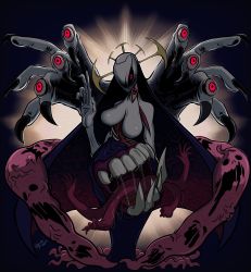 Rule 34 | 1girl, absurdres, breasts, claws, crown, double (skullgirls), extra arms, extra eyes, extra mouth, highres, large breasts, monster, monster girl, red eyes, saliva, saliva trail, skullgirls, solo, soylakagura