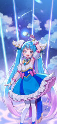 Rule 34 | 1girl, arm up, blue cape, blue dress, blue eyes, blue hair, bow, brooch, cape, cloud, cloudy sky, commentary, cure sky, cut bangs, detached sleeves, dress, dress bow, earrings, english commentary, falling star, fingerless gloves, frilled dress, frills, fringe trim, gloves, highres, hirogaru sky! precure, holding, jewelry, light rays, long hair, looking at viewer, magical girl, medium dress, multicolored hair, night, open mouth, outdoors, pink hair, precure, puffy detached sleeves, puffy sleeves, red cape, shuu (mniarnoakou), sky, sky mirage, sleeveless, sleeveless dress, smile, solo, sora harewataru, standing, star (sky), starry sky, streaked hair, thighhighs, twintails, twitter username, two-sided cape, two-sided fabric, two-tone dress, very long hair, white dress, white thighhighs, wing brooch, wing hair ornament