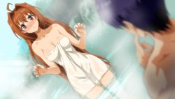 Rule 34 | 1boy, 1girl, ahoge, blurry, blush, breasts, brown hair, cleavage, depth of field, dutch angle, eiyuu densetsu, embarrassed, estelle bright, finger to cheek, game cg, joshua bright, long hair, medium breasts, mixed-sex bathing, naked towel, official art, onsen, partially submerged, red eyes, shared bathing, sora no kiseki, steam, straight hair, towel, wading, wavy mouth, wet towel