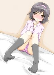 Rule 34 | 1girl, bed sheet, black hair, black socks, blush, breasts, brown eyes, cameltoe, cleavage, collared shirt, commentary request, dorsiflexion, dutch angle, feet, fingernails, full body, hairband, hand to own mouth, hatsunatsu, highres, kami nomi zo shiru sekai, kneehighs, knees together feet apart, lace, lace-trimmed panties, lace trim, long sleeves, looking at viewer, medium breasts, no pants, no shoes, nose blush, on bed, panties, pink hairband, pink panties, pink shirt, shirt, sitting, socks, solo, takahara ayumi, underwear