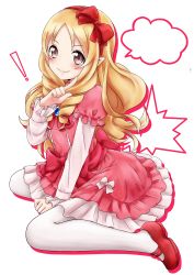 Rule 34 | !, 10s, 1girl, absurdres, akai neko, blonde hair, bow, brown eyes, dress, drill hair, eromanga sensei, frills, full body, hair bow, hairband, highres, index finger raised, layered sleeves, lolita fashion, long hair, long sleeves, looking at viewer, pink dress, pointy ears, red bow, short over long sleeves, short sleeves, sitting, smile, solo, speech bubble, thighhighs, twin drills, wariza, white thighhighs, yamada elf