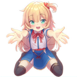 Rule 34 | 1girl, aged down, akai haato, akai haato (1st costume), aqua eyes, blonde hair, blush, child, commentary request, fang, hair ornament, hair ribbon, heart, heart hair ornament, highres, hololive, looking at viewer, magowasabi, open mouth, reaching, reaching towards viewer, ribbon, simple background, sitting, smile, solo, thighhighs, virtual youtuber, wariza, white background