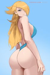Rule 34 | 1girl, artist name, ass, blonde hair, blue background, blue eyes, crown, earrings, hair over one eye, highres, huge ass, jewelry, kisou (kisou00), long hair, looking at viewer, mario (series), nintendo, one-piece swimsuit, rosalina, smile, solo, super mario galaxy, swimsuit, thick thighs, thighs