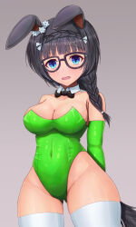 Rule 34 | 1girl, absurdres, alternate costume, animal ears, black-framed eyewear, black hair, blue eyes, blush, braid, braided ponytail, commentary request, cowboy shot, crown braid, ears down, elbow gloves, glasses, gloves, gluteal fold, green gloves, green leotard, grey background, highleg, highleg leotard, highres, horse ears, horse girl, horse tail, leotard, long hair, looking at viewer, m172/minatsu, nontraditional playboy bunny, open mouth, ponytail, simple background, solo, tail, thighhighs, umamusume, white thighhighs, zenno rob roy (umamusume)