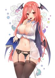Rule 34 | 1girl, black thighhighs, book, breast hold, breasts, cherry, cleavage, commentary request, food, fruit, garter belt, head wings, holding, holding book, jpeg artifacts, koakuma, large breasts, long hair, looking at viewer, natsuki (ukiwakudasai), no bra, no pants, red eyes, red hair, shirt, simple background, smile, solo, thigh gap, thighhighs, touhou, very long hair, wet, white background, white shirt, wing collar, wings