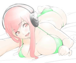 Rule 34 | 1girl, bad id, bad pixiv id, bikini, breast press, breasts, cleavage, headphones, huge breasts, long hair, lying, murazono, nitroplus, on stomach, open mouth, pink eyes, pink hair, sketch, smile, solo, super sonico, swimsuit