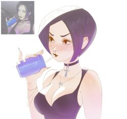 Rule 34 | 1girl, ankh, black eyes, black lips, bracelet, breasts, can, choker, cleavage, commentary, drink can, drinking, english commentary, jewelry, large breasts, necklace, photo-referenced, pinky out, purple choker, purple hair, real life, reference inset, short hair, signature, soda can, solo, tequilanart, upper body