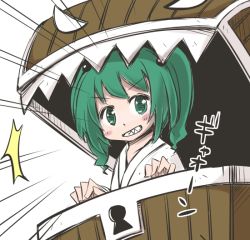 Rule 34 | 1girl, blush, box, green eyes, green hair, grin, in box, in container, jagabutter, kisume, looking at viewer, matching hair/eyes, mimic, mimic chest, sharp teeth, smile, solo, teeth, touhou, two side up