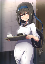 Rule 34 | 1girl, apron, black hair, blue headband, blush, bowl, comala (komma la), cup, hair between eyes, hatsushimo (kancolle), headband, highres, holding, holding tray, indoors, kantai collection, long hair, low-tied long hair, open mouth, pink eyes, short sleeves, solo, steam, tray, white apron