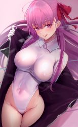 Rule 34 | 1girl, bb (fate), bb (fate/extra), bb (swimsuit mooncancer) (third ascension) (fate), breasts, breath, coat, commentary request, fate/extra, fate/extra ccc, fate (series), gloves, hair ribbon, highres, large breasts, leotard, long hair, long sleeves, looking at viewer, open clothes, open coat, purple eyes, purple hair, red ribbon, ribbon, solo, sunvinegar, undressing, white gloves