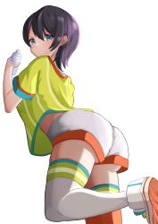 Rule 34 | 1girl, absurdres, ass, black hair, blue eyes, bottle, hashira 14, highres, hololive, oozora subaru, shoes, short hair, short shorts, short sleeves, shorts, sneakers, solo, thighhighs, thighs, tomboy, virtual youtuber, water bottle, white background