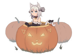 Rule 34 | 1girl, animal ear fluff, animal ears, bare shoulders, bell, neck bell, black gloves, blue eyes, bow, breasts, cat ears, cat tail, collar, elbow gloves, expressionless, eyebrows, gloves, halloween, jack-o&#039;-lantern, jingle bell, medium breasts, original, pumpkin, shone, silver hair, simple background, solo, tail, tail bow, tail ornament, white background