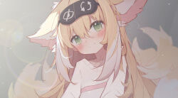 Rule 34 | 1girl, alternate costume, animal ears, arknights, blonde hair, blush, closed mouth, colored tips, commentary, fox ears, fox girl, fox tail, green eyes, hair between eyes, highres, kitsune, kyuubi, looking at viewer, multicolored hair, multiple tails, nalphanne, secretary settings (arknights), sleep mask, smile, solo, split mouth, suzuran (arknights), tail, two-tone hair, upper body, white hair