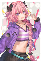 Rule 34 | 1boy, astolfo (fate), astolfo (memories at trifas) (fate), belt, black bow, black skirt, blush, bow, braid, collarbone, cropped shirt, drawstring, fang, fate/apocrypha, fate (series), hair between eyes, hair intakes, hand gesture, highres, hood, hooded jacket, jacket, jewelry, kippu, long braid, long hair, looking at viewer, male focus, midriff, multicolored hair, navel, necklace, official alternate costume, open clothes, open jacket, open mouth, pendant, pink hair, pleated skirt, purple eyes, purple jacket, purple shirt, shirt, single braid, skirt, smile, solo, streaked hair, striped clothes, striped shirt, trap, v, white hair