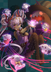 Rule 34 | 1girl, absurdres, black pantyhose, chocolate-rabbit134, dark skin, doll, earrings, fishnet fabric, hair ornament, hat, highres, jewelry, light purple hair, magic, open mouth, pantyhose, patterned clothing, pink eyes, pointy ears, possessed, puzzle &amp; dragons, twintails, veroah (p&amp;d), witch hat