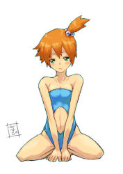 Rule 34 | 1girl, alternate costume, bare shoulders, between thighs, blush, breasts, casual one-piece swimsuit, cho bi, chobi (pixiv148232), cleavage, clothing cutout, creatures (company), frown, game freak, green eyes, gym leader, hair bobbles, hair ornament, knees apart feet together, midriff, misty (pokemon), navel, navel cutout, nintendo, one-piece swimsuit, orange hair, pokemon, red hair, sad, short hair, side ponytail, simple background, solo, spread legs, squatting, swimsuit, thighs, v arms, waist cutout, white background