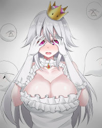 Rule 34 | 1girl,  gekka  , blush, boo (mario), breasts, crown, dress, frilled dress, frills, gloves, hands on own face, large breasts, long hair, looking at viewer, luigi&#039;s mansion, mario (series), new super mario bros. u deluxe, nintendo, open mouth, princess king boo, purple eyes, silver hair, simple background, super crown, upper body, very long hair, white background, white gloves
