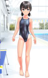 Rule 34 | 1girl, absurdres, barefoot, bench, black hair, black one-piece swimsuit, breasts, clothes writing, commentary request, competition swimsuit, full body, gluteal fold, green eyes, highres, indoors, looking at viewer, low twintails, one-piece swimsuit, original, pool, short hair, small breasts, solo, standing, string of flags, swimsuit, takafumi, tan, tanline, twintails