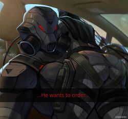 Rule 34 | 2boys, armor, ass, bodysuit, car interior, commentary, english commentary, english text, fake phone screenshot, fake screenshot, full armor, gas mask, he wants to order (meme), helmet, holster, indoors, looking at viewer, male focus, mask, meme, multiple boys, original, red eyes, sinrasixx, snapchat, steering wheel, sweatdrop