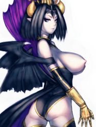 Rule 34 | 1girl, ass, bat (animal), bat wings, black hair, black wings, blue eyes, breasts, curvy, demon girl, digimon, digimon (creature), digimon xros wars, eyeshadow, female focus, fumio (rsqkr), gattai lilithmon, gauntlets, horns, large breasts, lilithmon, makeup, narrow waist, nipples, pointy ears, seven great demon lords, short hair, simple background, solo, thighhighs, topless, wings