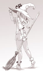 Rule 34 | 1girl, animal, animal on head, broom, cat, cat on head, cheshirrr, closed mouth, commentary, english commentary, full body, grey background, greyscale, hand up, hat, highres, holding, holding broom, long hair, miniskirt, monochrome, on head, original, pants, shoes, short sleeves, skirt, solo, witch, witch hat, wristband