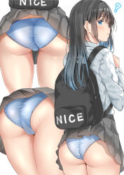 Rule 34 | 1girl, ?, accidental exposure, ass, backpack, bag, black hair, blue eyes, blue hair, blue panties, blush, commentary request, cowboy shot, english text, from behind, gradient hair, highres, long hair, long sleeves, mole, mole on ass, mole under eye, multicolored hair, multiple views, original, panties, parted lips, pleated skirt, profile, school uniform, shirt, shirt tucked in, simple background, skirt, sunsun2812, underwear, wardrobe malfunction, white background, white shirt