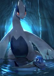 Rule 34 | afloat, bad id, bad pixiv id, cave, creatures (company), game freak, gen 2 pokemon, gen 7 pokemon, legendary pokemon, looking at another, looking down, lugia, manino (mofuritaionaka), nintendo, parted lips, pokemon, pokemon (creature), popplio, red eyes, ripples, signature, tail, tail grab, wading, water, water surface
