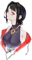 Rule 34 | 1girl, absurdres, black hair, black shirt, blunt bangs, breasts, closed mouth, covered collarbone, diamond-shaped pupils, diamond (shape), female focus, hair intakes, highres, level9kaito, looking to the side, medium breasts, off shoulder, red eyes, shirt, short hair, sidelocks, simple background, sketch, skin tight, sleeveless, sleeveless shirt, solo, symbol-shaped pupils, upper body, white background, world flipper