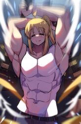 Rule 34 | 1girl, abs, ahoge, armpits, arms up, belt, blonde hair, blurry, bocchi the rock!, closed mouth, guitar, highres, hinghoi, holding, holding instrument, ijichi nijika, instrument, long hair, meme, muscular, muscular female, ponytail, shirt, side ponytail, sidelocks, smile, solo, white shirt