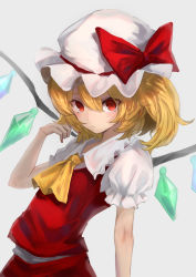 Rule 34 | 1girl, :/, absurdres, ascot, blonde hair, commentary request, crystal, dress, flandre scarlet, flat chest, grey background, hakusyokuto, hand up, hat, highres, leaning back, mob cap, one side up, red dress, red eyes, simple background, solo, touhou, upper body, wings