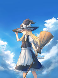 Rule 34 | 1girl, absurdres, apron, black hat, black skirt, blonde hair, blue sky, bow, braid, brown eyes, cloud, day, fen zuo, floating hair, frilled apron, frilled skirt, frills, hand on headwear, hat, hat bow, highres, holding, kirisame marisa, long hair, outdoors, shirt, short sleeves, skirt, sky, solo, standing, touhou, very long hair, waist apron, white apron, white bow, white shirt, witch hat