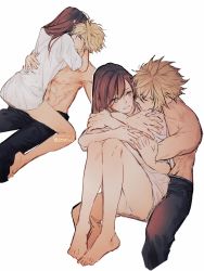 Rule 34 | 1boy, 1girl, abs, artist name, barefoot, blonde hair, blue eyes, bottomless, brown hair, cloud strife, commentary, couple, english commentary, feet, final fantasy, final fantasy vii, final fantasy vii remake, girl on top, highres, hug, hug from behind, long hair, looking at another, maiii (smaii i), pants, red eyes, shirt, spiked hair, tifa lockhart, topless male, twitter username, white background, white shirt