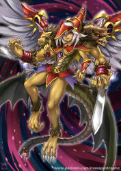 Rule 34 | breasts, chimera, chimera the illusion beast, commentary, dark-skinned female, dark magician girl, dark skin, demon wings, duel monster, english commentary, extra arms, feathered wings, fewer digits, fur trim, fusion, grey hair, hat, horns, lion mane, long hair, looking at viewer, maxa&#039;, medium breasts, monster girl, multiple heads, multiple wings, parted lips, purple eyes, red eyes, smile, snake head tail, tail, underboob, vambraces, wings, yu-gi-oh!