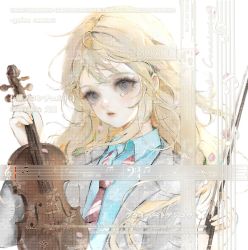Rule 34 | 1girl, absurdres, bass clef, beamed eighth notes, blonde hair, blue shirt, blush, bow (music), collared shirt, copyright request, eighth note, grey eyes, grey jacket, highres, instrument, jacket, long hair, long sleeves, looking at viewer, musical note, necktie, parted lips, quarter note, sample watermark, shirt, solo, ssss ve, striped necktie, tears, treble clef, upper body, violin, watermark