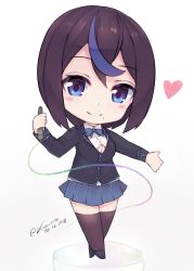 Rule 34 | 1girl, blue bow, blue bowtie, blue eyes, blue skirt, blush, bow, bowtie, breasts, chibi, cleavage, closed mouth, collared shirt, dated, grey jacket, heart, holding, jacket, kuavera, long sleeves, looking at viewer, miyako (kuavera), mole, mole under eye, multicolored eyes, multicolored hair, original, pen, pleated skirt, purple eyes, purple hair, purple thighhighs, shirt, shoes, simple background, skirt, smile, solo, streaked hair, thighhighs, twitter username, white background, wing collar, zettai ryouiki