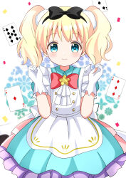 Rule 34 | 1girl, absurdres, ace (playing card), ace of diamonds, alice cartelet, apron, black bow, black hairband, blonde hair, blue dress, blue eyes, bow, card, closed mouth, collared dress, commentary request, confetti, diamond (shape), dress, frilled apron, frilled dress, frills, gloves, hair bow, hairband, hands up, highres, holding, holding hair, kin-iro mosaic, playing card, pleated dress, puffy short sleeves, puffy sleeves, red bow, ryoutan, short sleeves, smile, solo, spade (shape), white apron, white gloves