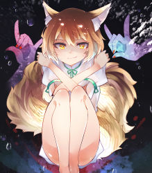 Rule 34 | 1girl, animal ear fluff, animal ears, black background, blonde hair, crossed arms, disembodied limb, feet out of frame, fetal position, fox ears, fox girl, fox tail, gesture, green ribbon, highres, knees up, kudamaki tsukasa, light smile, looking at viewer, mandarin collar, puffy short sleeves, puffy sleeves, ra mun5239, ribbon, romper, short hair, short sleeves, solo, sweat, tail, thighs, touhou, yellow eyes