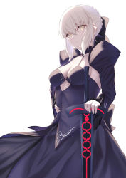 Rule 34 | 1girl, absurdres, artoria pendragon (all), artoria pendragon (fate), black bow, black skirt, bow, braid, braided bun, breasts, cleavage, closed mouth, collarbone, excalibur morgan (fate), fate/stay night, fate (series), hair between eyes, hair bow, hair bun, hand on hilt, hand on own hip, highres, long skirt, long sleeves, medium breasts, okuma707, saber alter, short hair, shrug (clothing), sideboob, silver hair, simple background, skirt, skirt set, solo, spaghetti strap, standing, white background, yellow eyes
