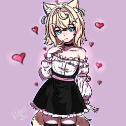 Rule 34 | 1girl, ;), absurdres, animal ears, black skirt, black thighhighs, blonde hair, blue eyes, dog ears, dog girl, dog tail, finger to mouth, frilled skirt, frills, hairband, heart, highres, hololive, hololive english, long sleeves, looking at viewer, medium hair, mococo abyssgard, multicolored hair, off-shoulder shirt, off shoulder, one eye closed, pink hair, pink hairband, pixel art, puffy long sleeves, puffy sleeves, risha, shirt, skirt, smile, streaked hair, tail, thighhighs, two-tone hair, virtual youtuber, white shirt, zettai ryouiki