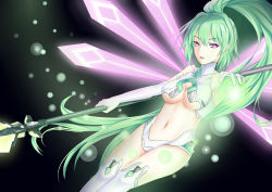 Rule 34 | 10s, 1girl, blush, breasts, cleavage, detached wings, female focus, green hair, green heart (neptunia), highres, large breasts, long hair, looking at viewer, muwa12, neptune (series), polearm, ponytail, power symbol, power symbol-shaped pupils, purple eyes, solo, spear, symbol-shaped pupils, underboob, vert (neptunia), very long hair, weapon, wings