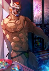 Rule 34 | 1boy, abs, absurdres, algernon (housamo), bara, bulge, colored sclera, crow (siranui), fake horns, fireworks, green male underwear, helmet, highres, horned helmet, horns, jockstrap, large pectorals, male focus, male underwear, muscular, muscular male, navel, nipples, pectorals, pool, red eyes, solo, stomach, thick thighs, thighs, tokyo houkago summoners, topless male, underwear, veins, wading, window, yellow sclera